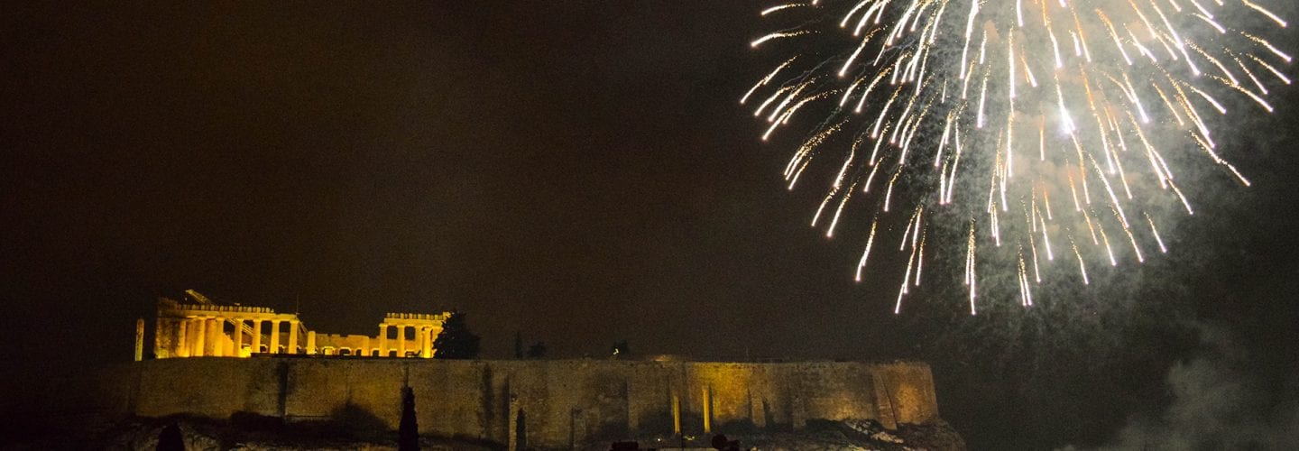 New Year's Eve in Athens, fireworks behind acropolis