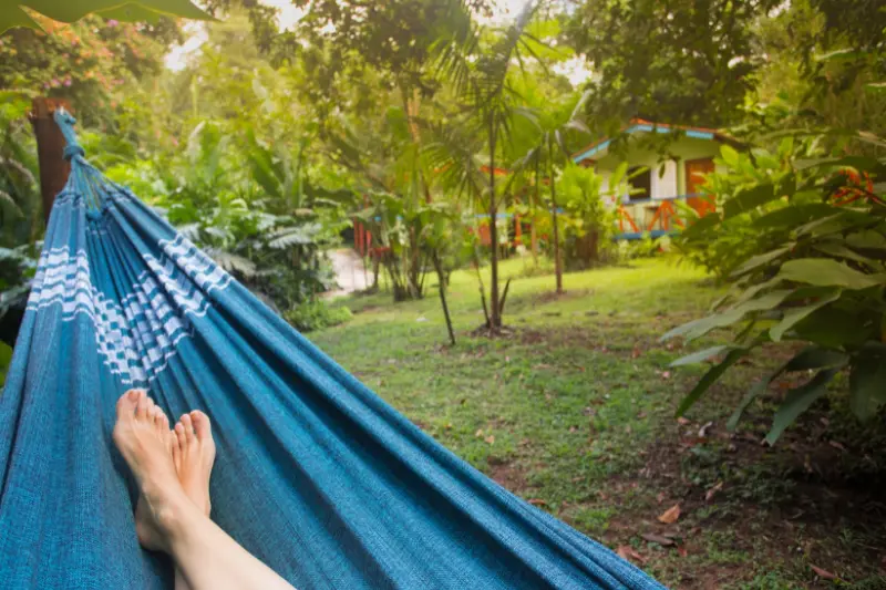 A guest in the jungle, lying on a hammock